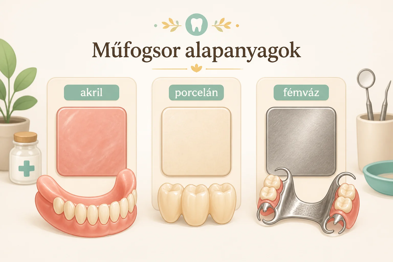 mufogsor-anyaga-akril-porcelan Milyen anyagból készülhet a műfogsor? – Akril, porcelán, fémváz, rugalmas