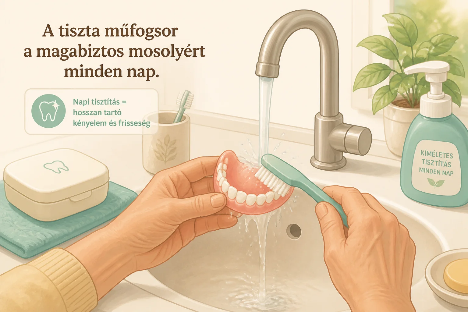 Hogyan tisztítsa a műfogsorát naponta? – 2 perces rutin lépésről lépésre